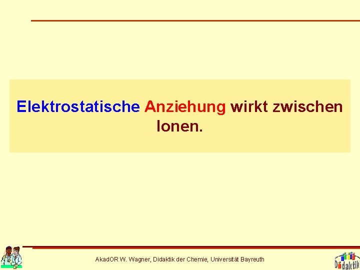 Elektrostatische Anziehung wirkt zwischen Ionen. Akad. OR W. Wagner, Didaktik der Chemie, Universität Bayreuth