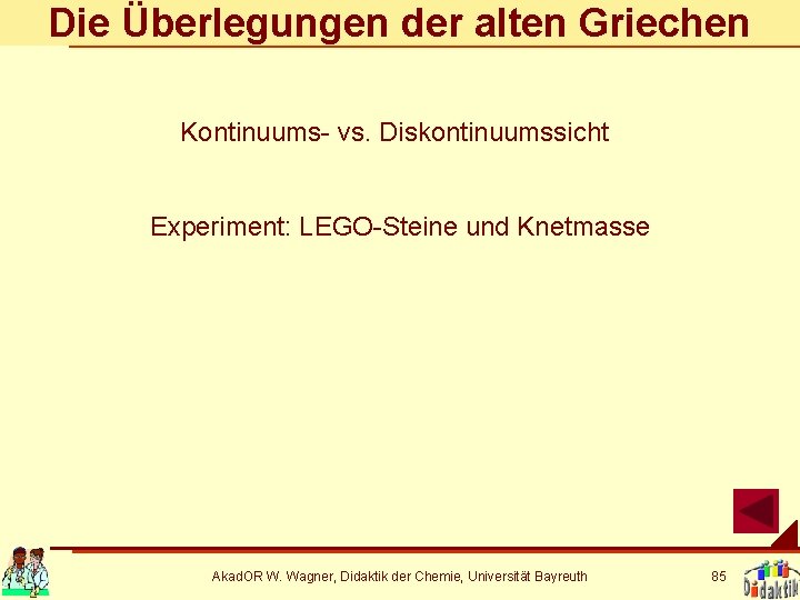 Die Überlegungen der alten Griechen Kontinuums- vs. Diskontinuumssicht Experiment: LEGO-Steine und Knetmasse Akad. OR