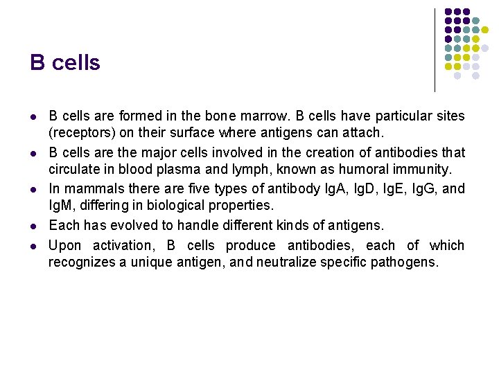 B cells l l l B cells are formed in the bone marrow. B