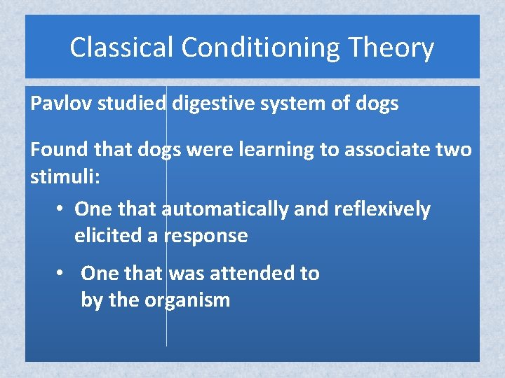 Classical Conditioning Theory Pavlov studied digestive system of dogs Found that dogs were learning Classical Conditioning Theory Pavlov studied digestive system of dogs Found that dogs were learning