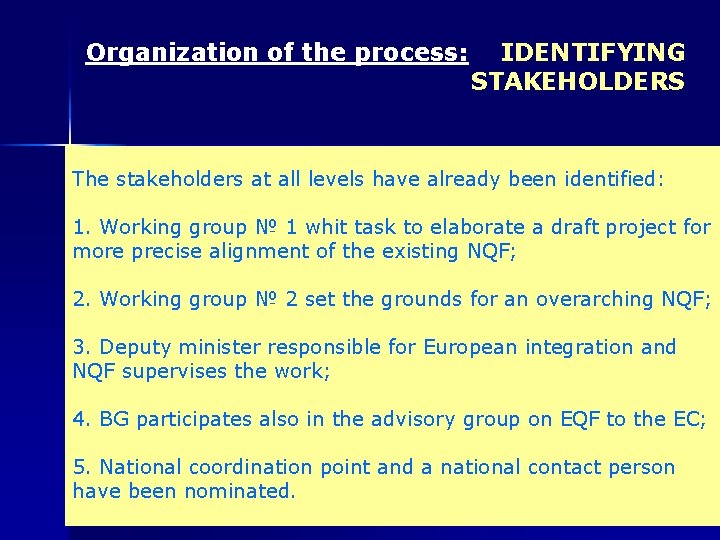 Organization of the process: IDENTIFYING STAKEHOLDERS The stakeholders at all levels have already been