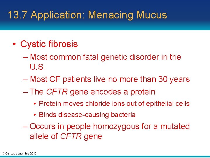 13. 7 Application: Menacing Mucus • Cystic fibrosis – Most common fatal genetic disorder