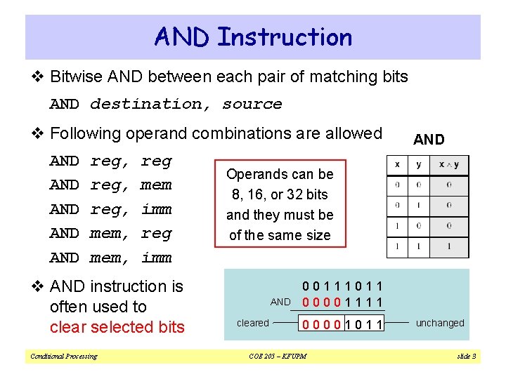 AND Instruction v Bitwise AND between each pair of matching bits AND destination, source