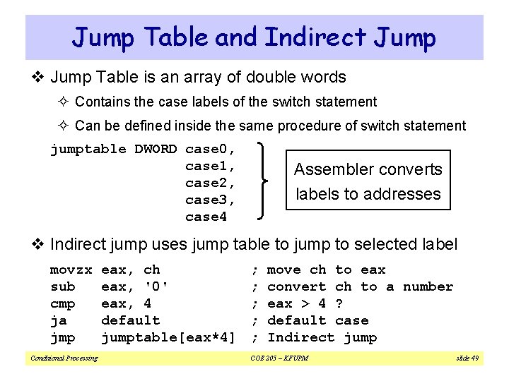 Jump Table and Indirect Jump v Jump Table is an array of double words