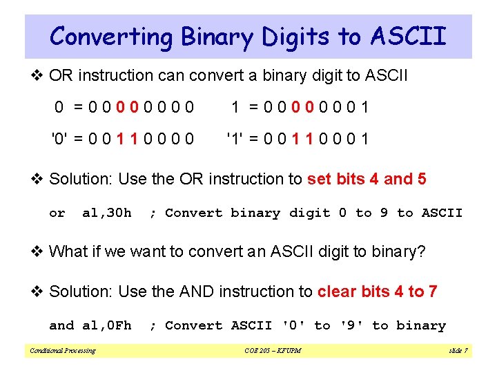 Converting Binary Digits to ASCII v OR instruction can convert a binary digit to