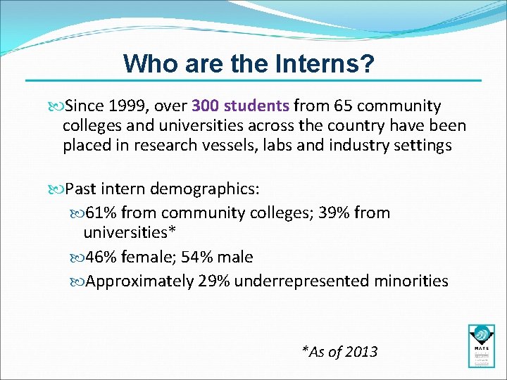 Who are the Interns? Since 1999, over 300 students from 65 community colleges and