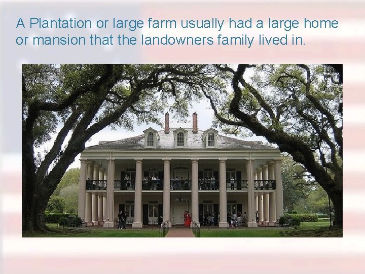 A Plantation or large farm usually had a large home or mansion that the