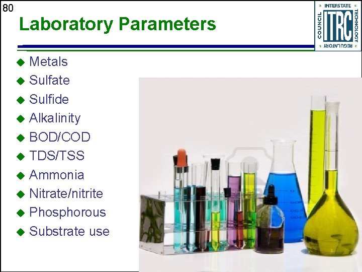 80 Laboratory Parameters Metals u Sulfate u Sulfide u Alkalinity u BOD/COD u TDS/TSS