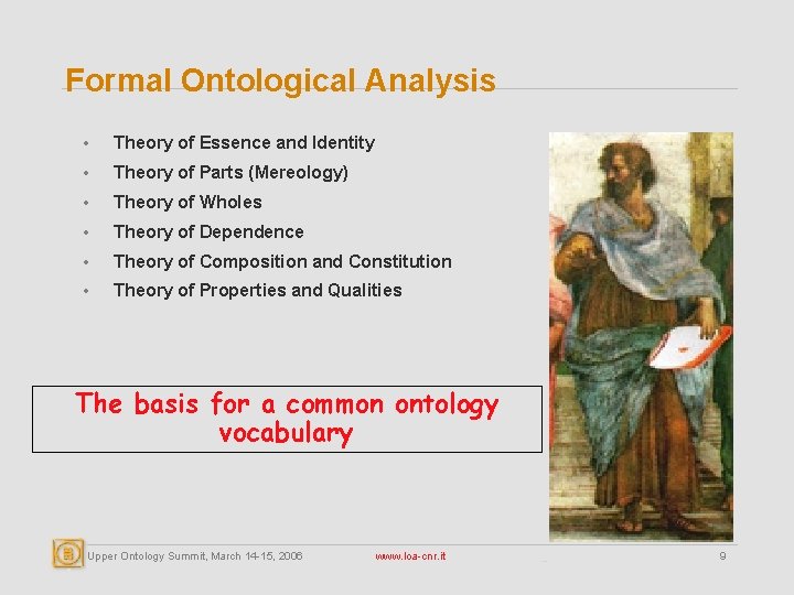 Formal Ontological Analysis • Theory of Essence and Identity • Theory of Parts (Mereology)