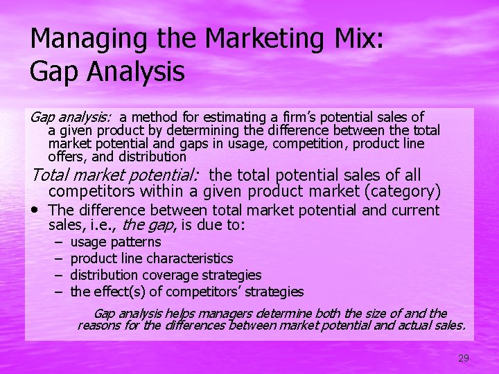 Managing the Marketing Mix: Gap Analysis Gap analysis: a method for estimating a firm’s