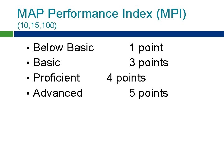 MAP Performance Index (MPI) (10, 15, 100) • • Below Basic 1 point Basic