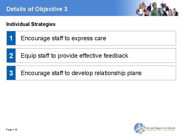 Details of Objective 3 Individual Strategies 1 Encourage staff to express care 2 Equip