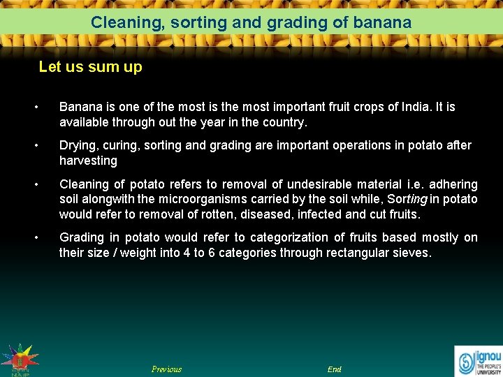 Cleaning, sorting and grading of banana Let us sum up • Banana is one