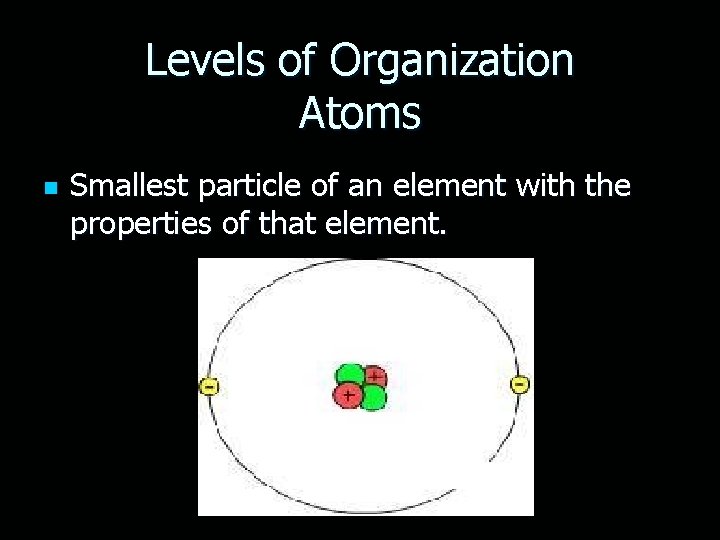 Levels of Organization Atoms n Smallest particle of an element with the properties of