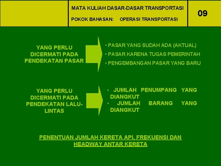 MATA KULIAH DASAR-DASAR TRANSPORTASI POKOK BAHASAN: OPERASI TRANSPORTASI YANG PERLU DICERMATI PADA PENDEKATAN PASAR