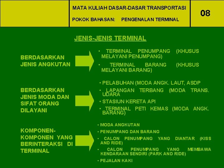 MATA KULIAH DASAR-DASAR TRANSPORTASI POKOK BAHASAN: PENGENALAN TERMINAL 08 JENIS-JENIS TERMINAL • (KHUSUS BERDASARKAN