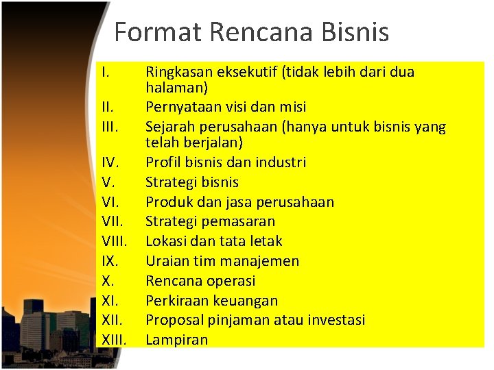 Format Rencana Bisnis I. III. IV. V. VIII. IX. X. XIII. Ringkasan eksekutif (tidak