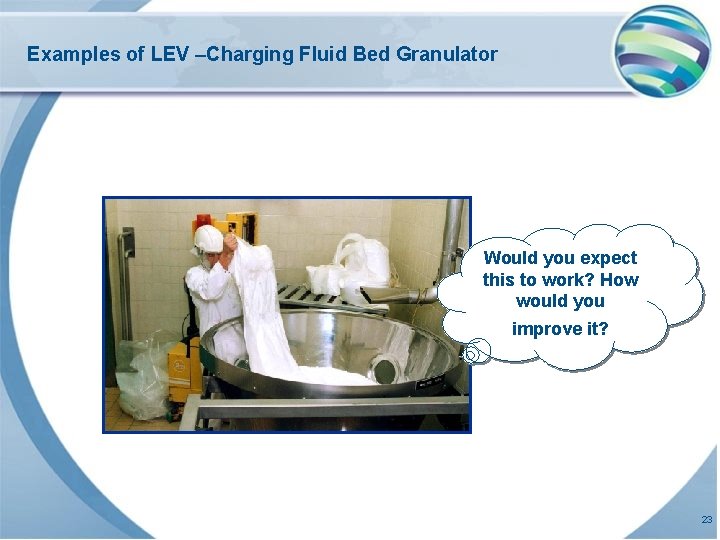 Examples of LEV –Charging Fluid Bed Granulator Would you expect this to work? How