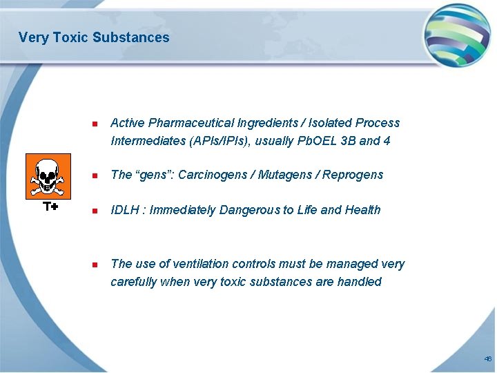 Very Toxic Substances n Active Pharmaceutical Ingredients / Isolated Process Intermediates (APIs/IPIs), usually Pb.