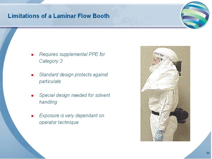 Limitations of a Laminar Flow Booth n Requires supplemental PPE for Category 3 n