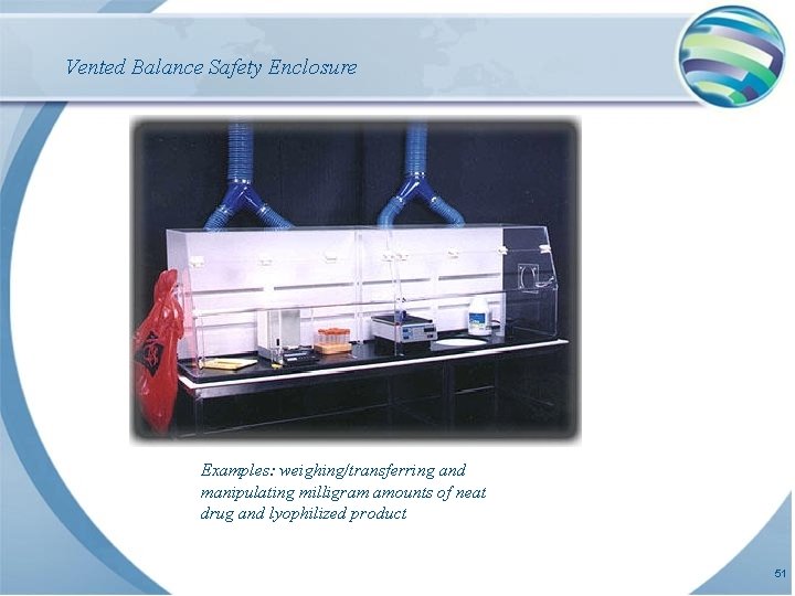 Vented Balance Safety Enclosure Examples: weighing/transferring and manipulating milligram amounts of neat drug and