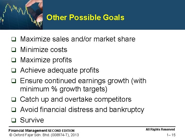 Other Possible Goals q q q q Maximize sales and/or market share Minimize costs