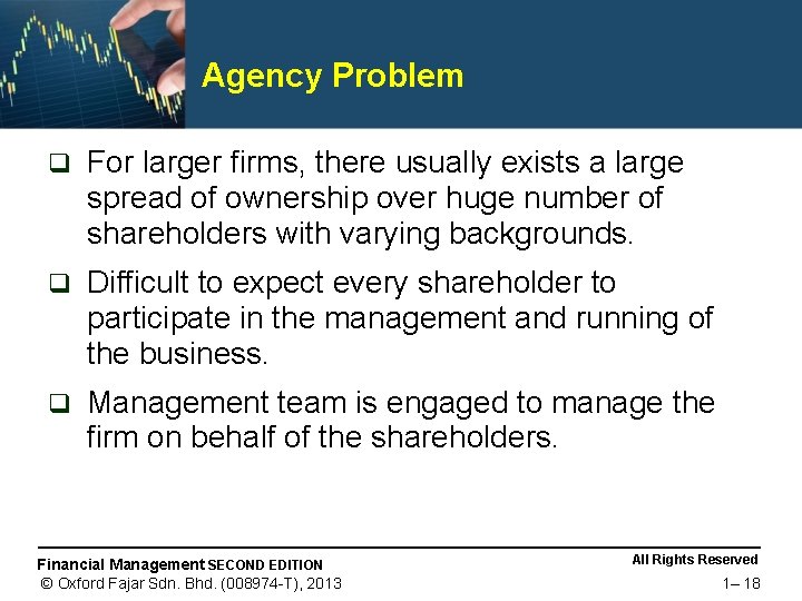 Agency Problem q For larger firms, there usually exists a large spread of ownership