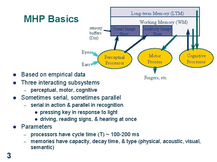 Long-term Memory (LTM) MHP Basics Working Memory (WM) sensory buffers (Dix) Eyes Ears l