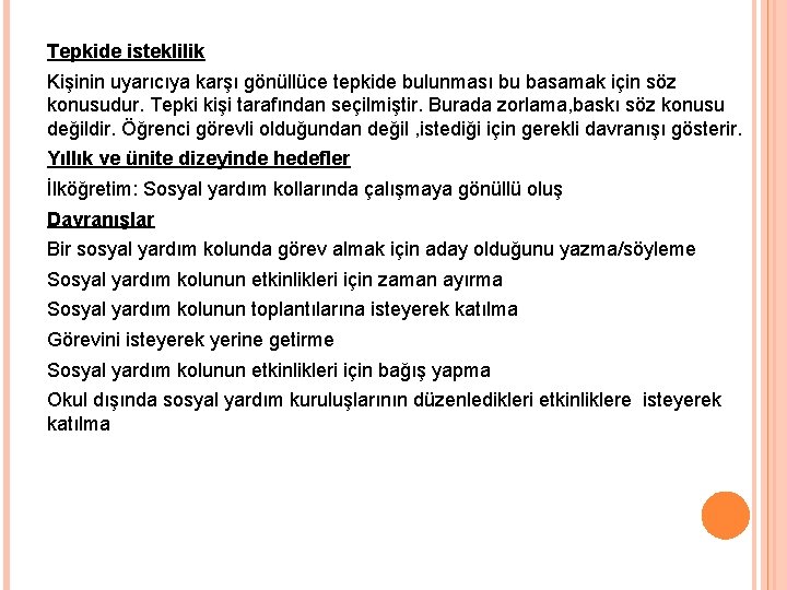 Tepkide isteklilik Kişinin uyarıcıya karşı gönüllüce tepkide bulunması bu basamak için söz konusudur. Tepki