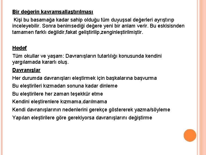 Bir değerin kavramsallaştırılması Kişi bu basamağa kadar sahip olduğu tüm duyuşsal değerleri ayrıştırıp inceleyebilir.