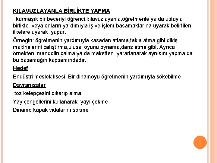 KILAVUZLAYANLA BİRLİKTE YAPMA karmaşık bir beceriyi öğrenci, kılavuzlayanla, öğretmenle ya da ustayla birlikte veya