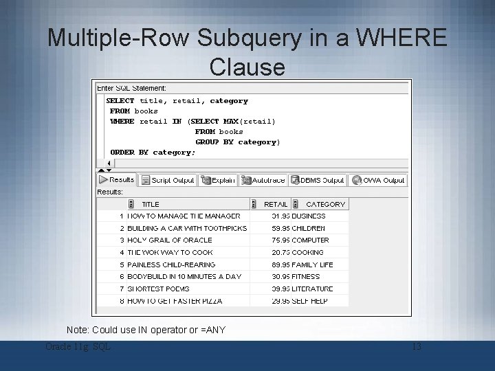 Multiple-Row Subquery in a WHERE Clause Note: Could use IN operator or =ANY Oracle