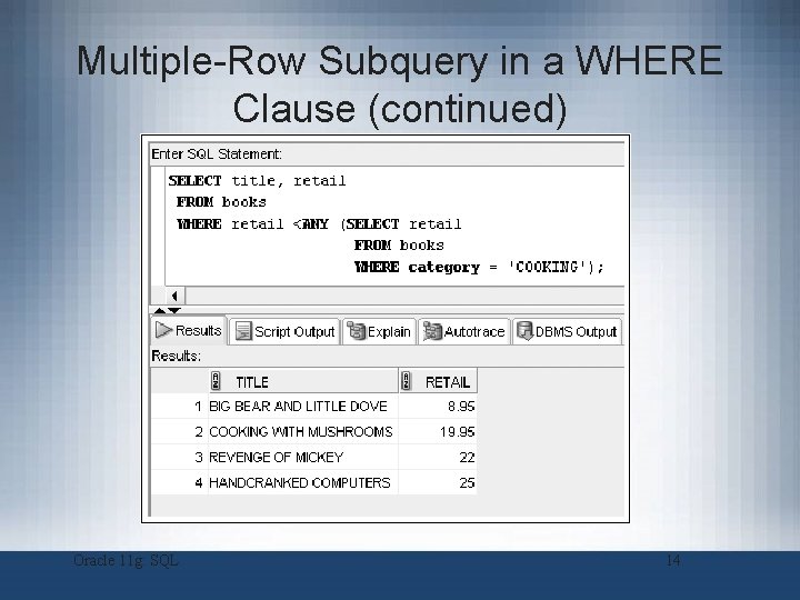 Multiple-Row Subquery in a WHERE Clause (continued) Oracle 11 g: SQL 14 