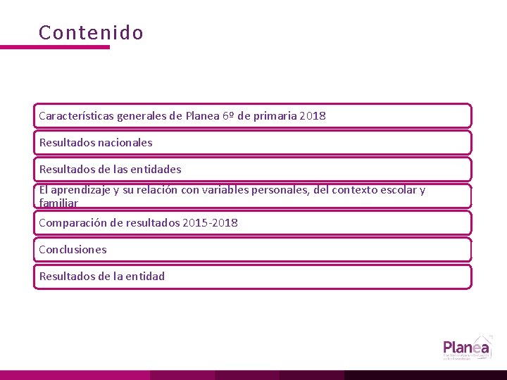 Contenido Características generales de Planea 6º de primaria 2018 Resultados nacionales Resultados de las