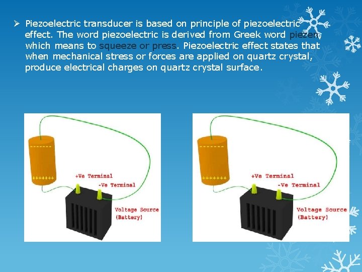 Ø Piezoelectric transducer is based on principle of piezoelectric effect. The word piezoelectric is