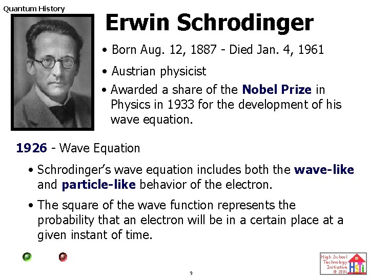Quantum History Erwin Schrodinger • Born Aug. 12, 1887 - Died Jan. 4, 1961