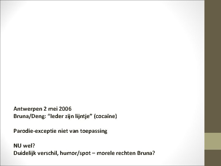 Antwerpen 2 mei 2006 Bruna/Deng: “Ieder zijn lijntje” (cocaïne) Parodie-exceptie niet van toepassing NU