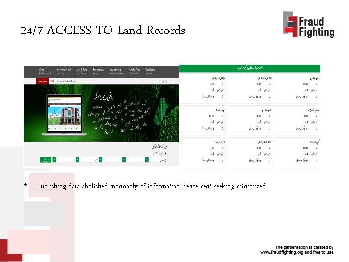 24/7 ACCESS TO Land Records • Publishing data abolished monopoly of information hence rent