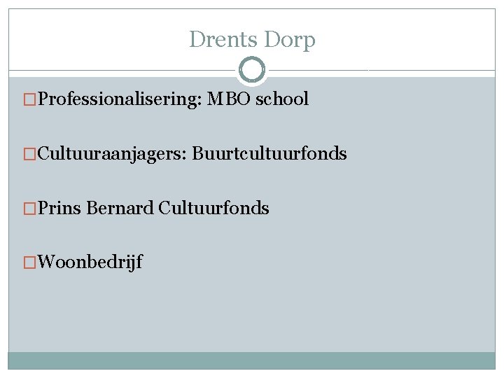 Drents Dorp �Professionalisering: MBO school �Cultuuraanjagers: Buurtcultuurfonds �Prins Bernard Cultuurfonds �Woonbedrijf 