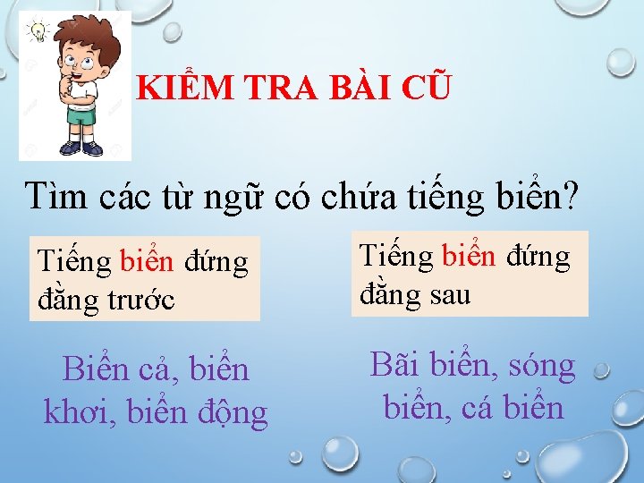 KIỂM TRA BÀI CŨ Tìm các từ ngữ có chứa tiếng biển? Tiếng biển