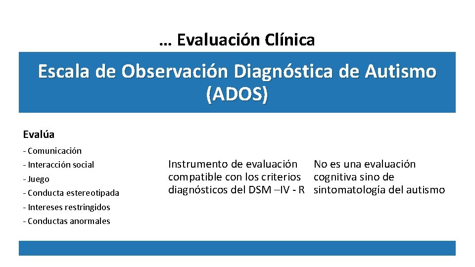 … Evaluación Clínica Escala de Observación Diagnóstica de Autismo (ADOS) Evalúa - Comunicación -