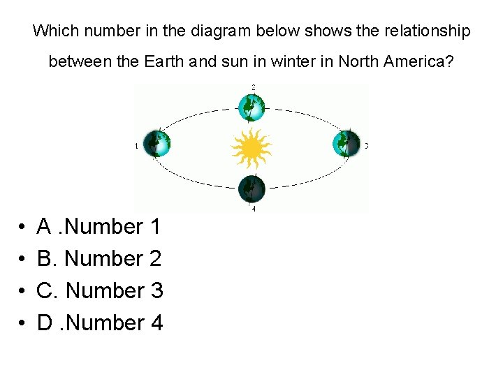 Which number in the diagram below shows the relationship between the Earth and sun