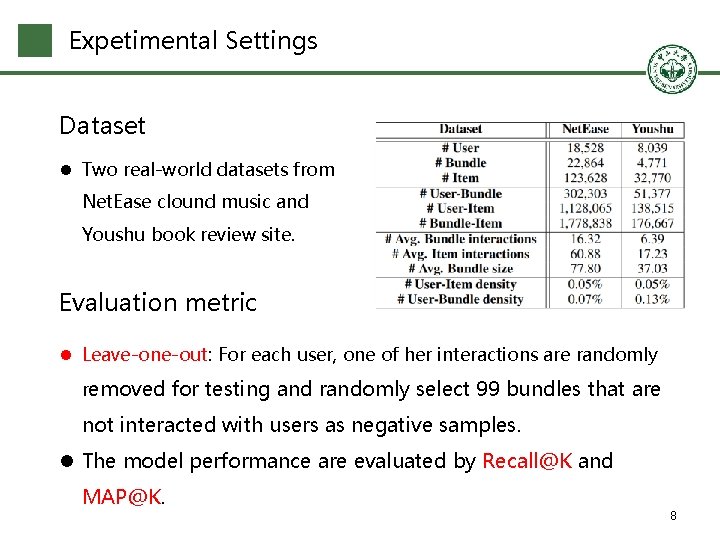 Expetimental Settings Dataset l Two real-world datasets from Net. Ease clound music and Youshu