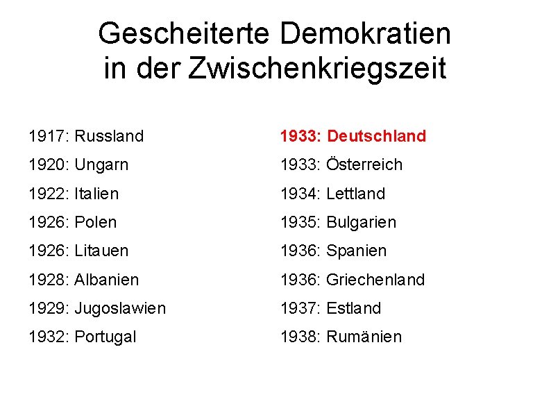 Gescheiterte Demokratien in der Zwischenkriegszeit 1917: Russland 1933: Deutschland 1920: Ungarn 1933: Österreich 1922: