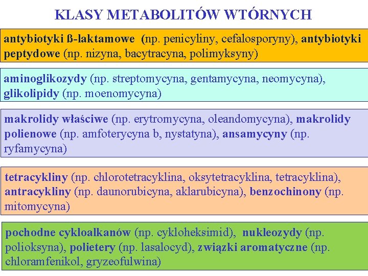 KLASY METABOLITÓW WTÓRNYCH antybiotyki ß-laktamowe (np. penicyliny, cefalosporyny), antybiotyki peptydowe (np. nizyna, bacytracyna, polimyksyny)