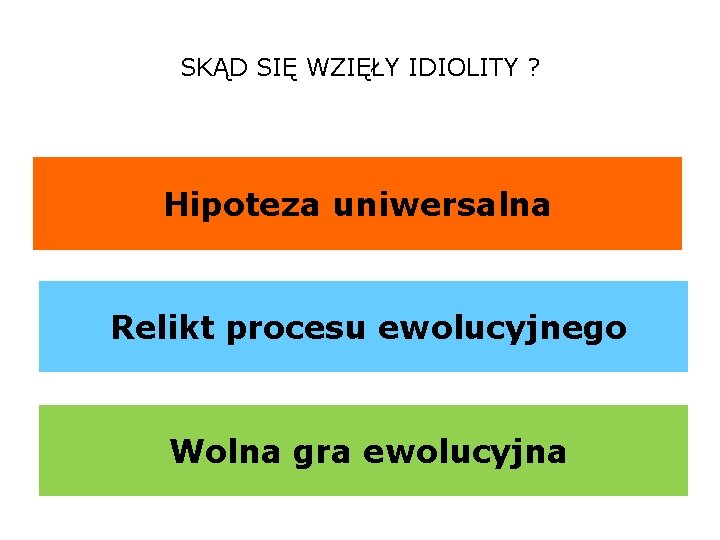 SKĄD SIĘ WZIĘŁY IDIOLITY ? Hipoteza uniwersalna Relikt procesu ewolucyjnego Wolna gra ewolucyjna 