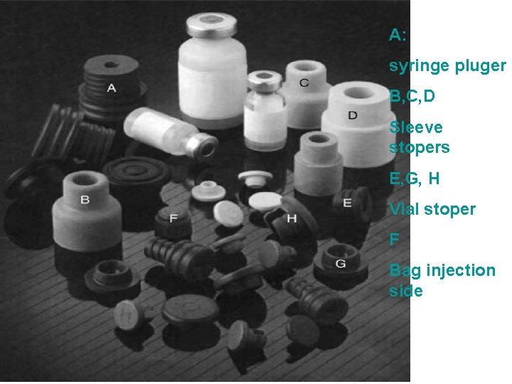 A: syringe pluger B, C, D Sleeve stopers E, G, H Vial stoper F A: syringe pluger B, C, D Sleeve stopers E, G, H Vial stoper F