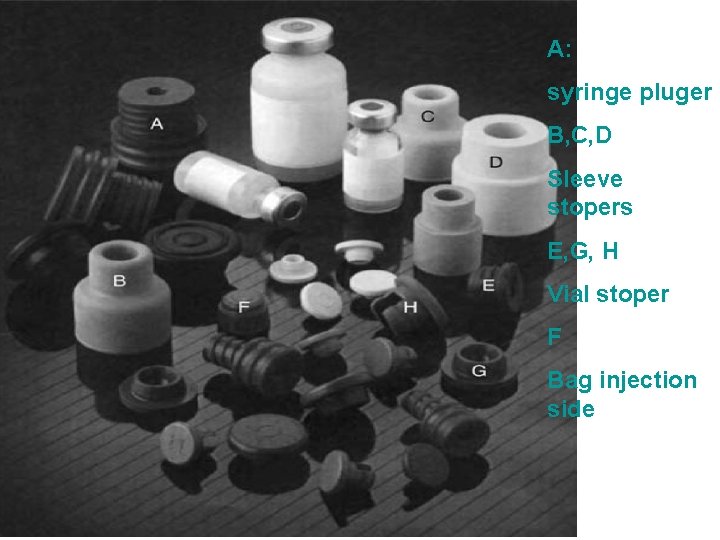 A: syringe pluger B, C, D Sleeve stopers E, G, H Vial stoper F