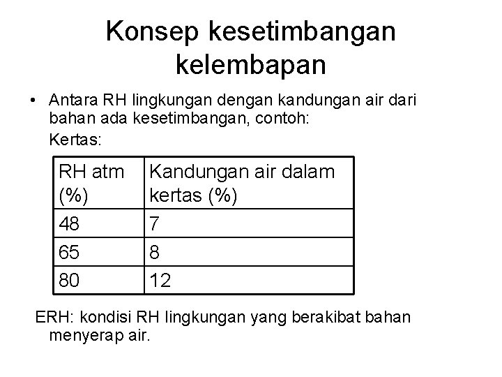 Konsep kesetimbangan kelembapan • Antara RH lingkungan dengan kandungan air dari bahan ada kesetimbangan,