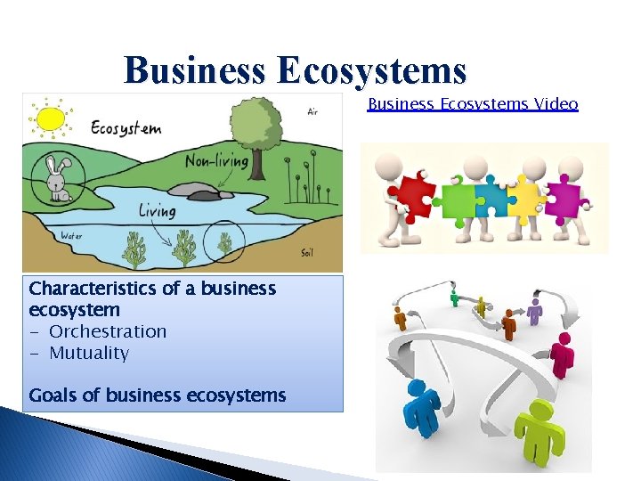 Business Ecosystems Video Characteristics of a business ecosystem - Orchestration - Mutuality Goals of